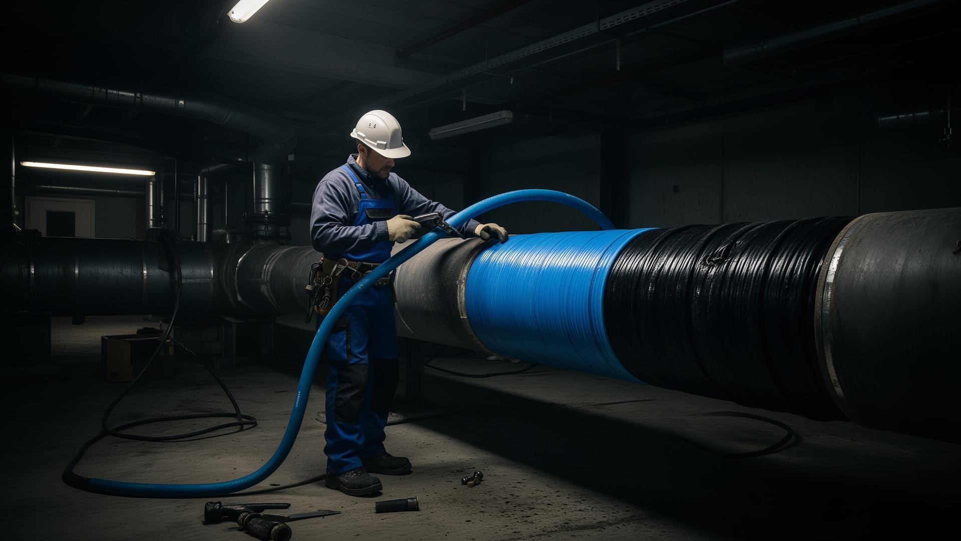 Relingstekniker installerar foderslang i avloppsstam